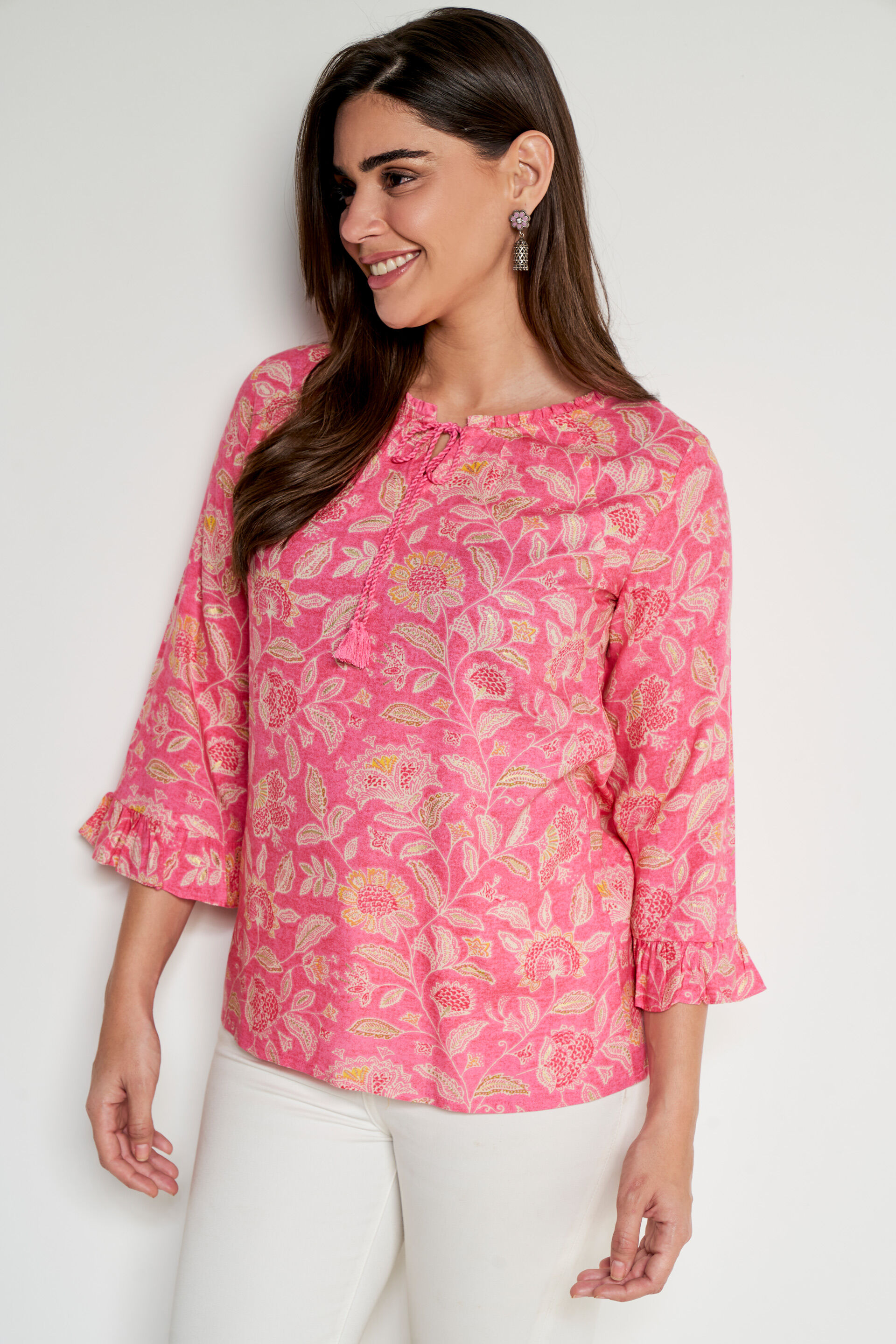 Pink Floral Flared Top, Pink, image 3